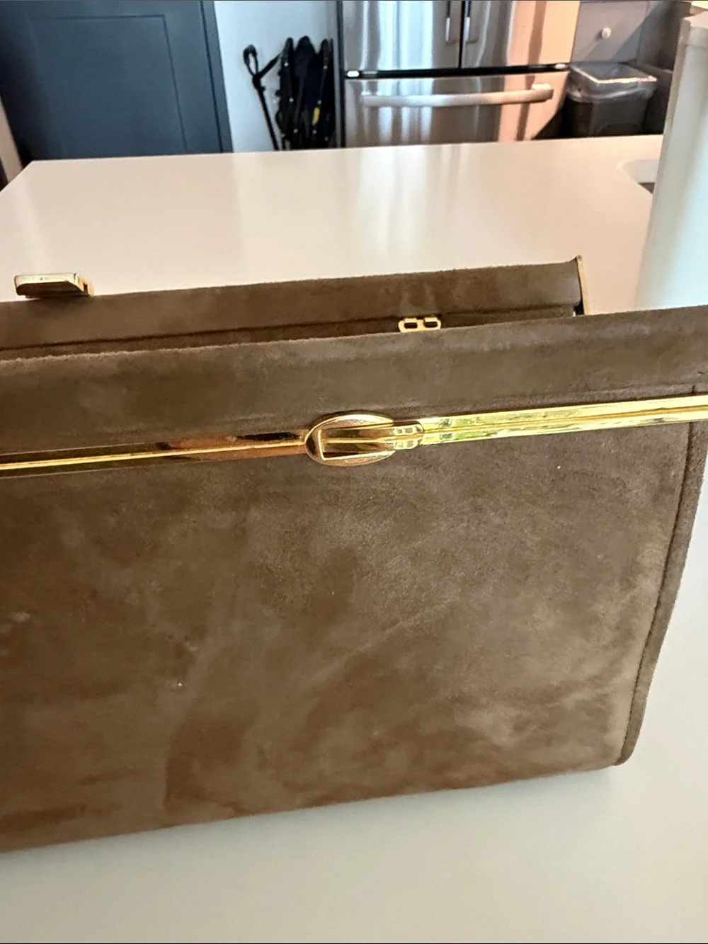 Brown Suede Clutch with Gold Accent